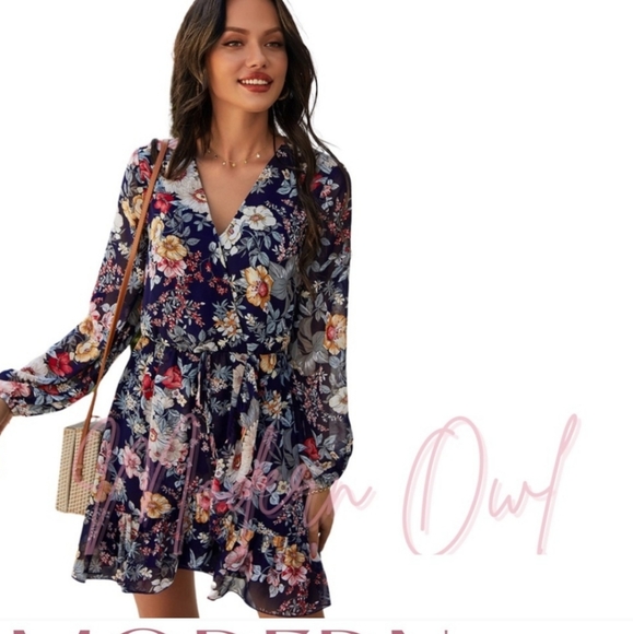 Dresses & Skirts - Flowy Floral Mini Dress with Waist Tie